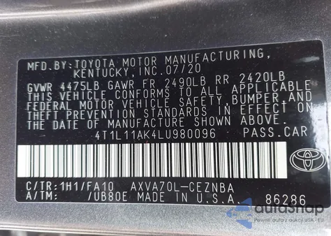 2020 Toyota Camry Le from USA, damaged, VIN 4T1L11AK4LU980096